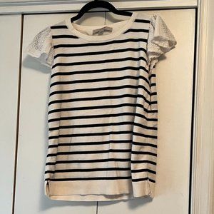 Loft Black & White Striped Short Sleeve Sweater - Crochet Flutter Sleeves - M